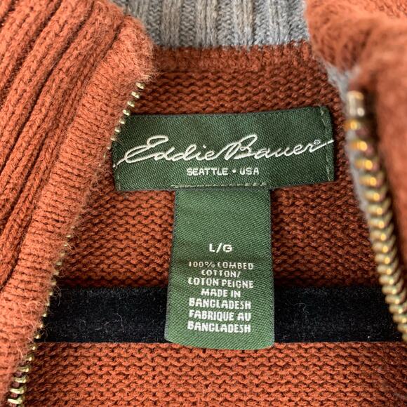 Eddie Bauer Quarter Zip Sweater Men's Large Burnt Orange Knit Classic (0691) - Picture 2 of 8